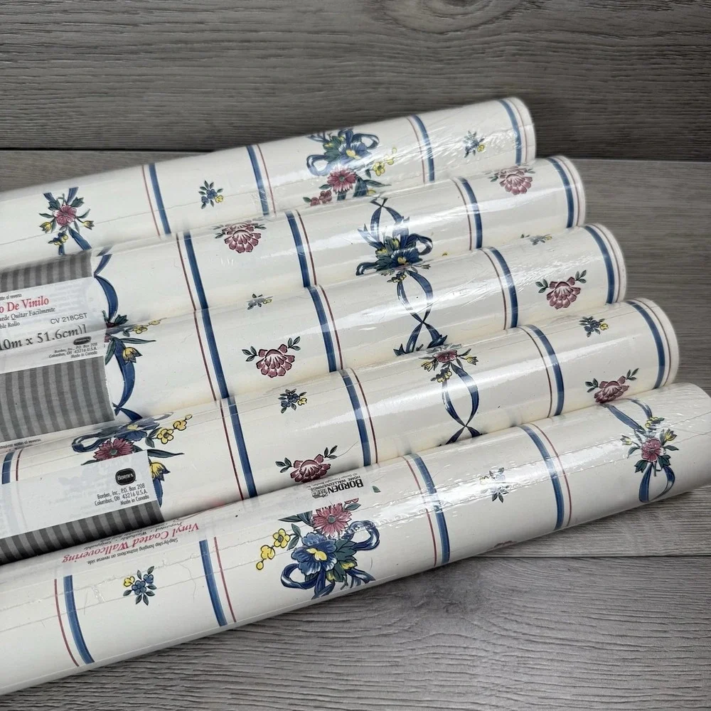 Borden Vinyl Coated Wallpaper Roll White Floral Country Stripe Prepasted WC4252